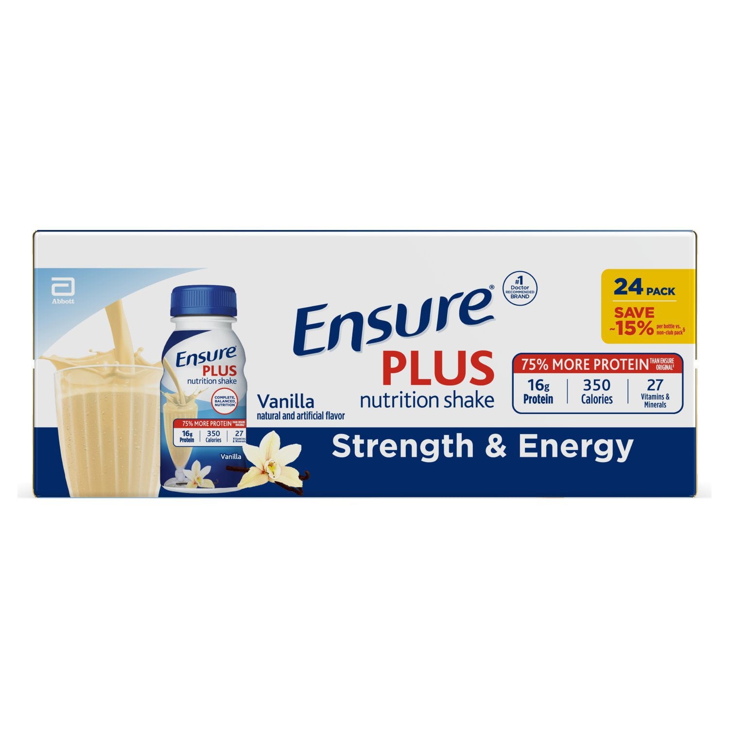 Ensure Plus Nutrition Shake, Small Meal Replacement Shake, Vanilla 8 fl. oz., 24