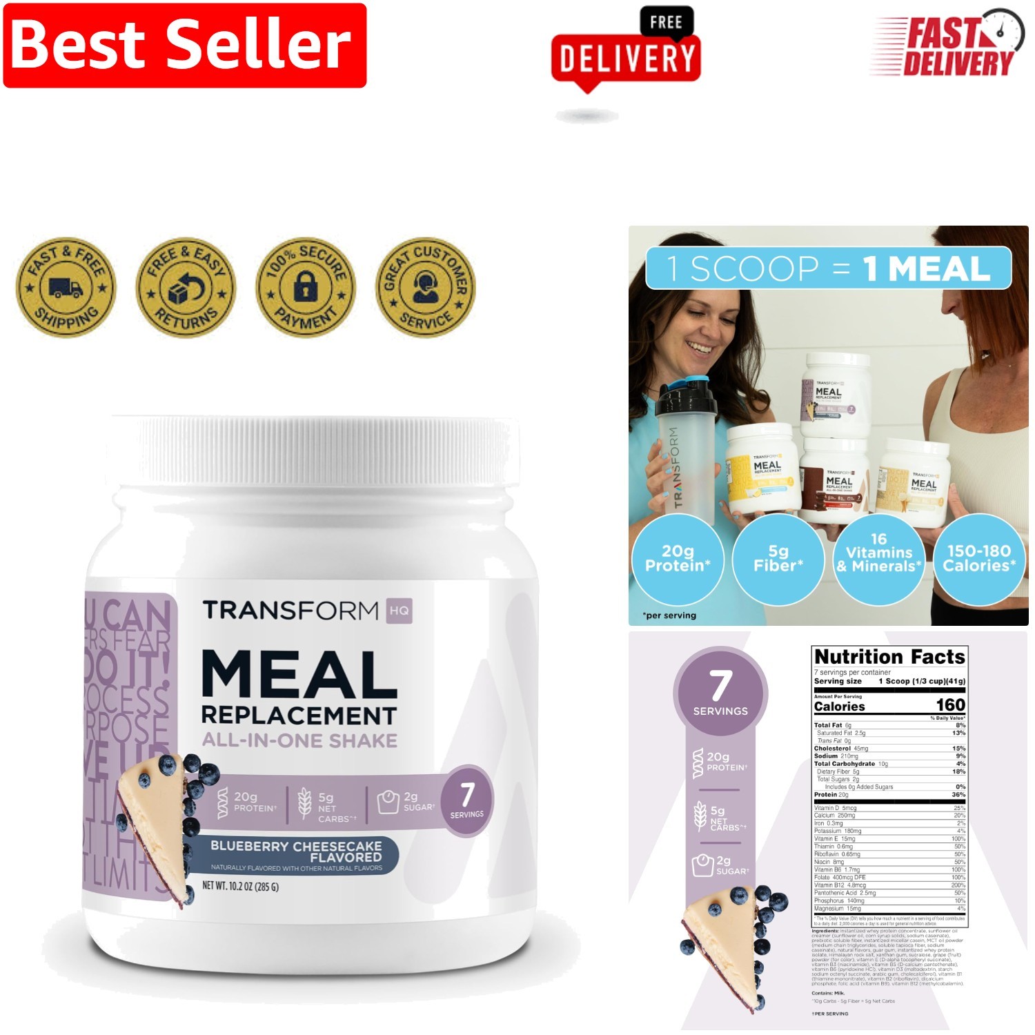 Indulgent Blueberry Cheesecake Meal Replacement Shake – 7 Servings, Gluten Free