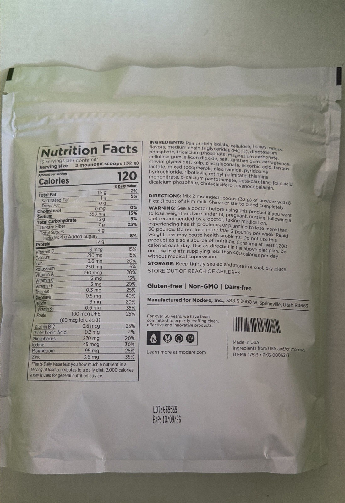 Modere Vanilla Meal Replacement Shake 16.9oz (1.1lb) Vegan Non-GMO Exp: 10/26