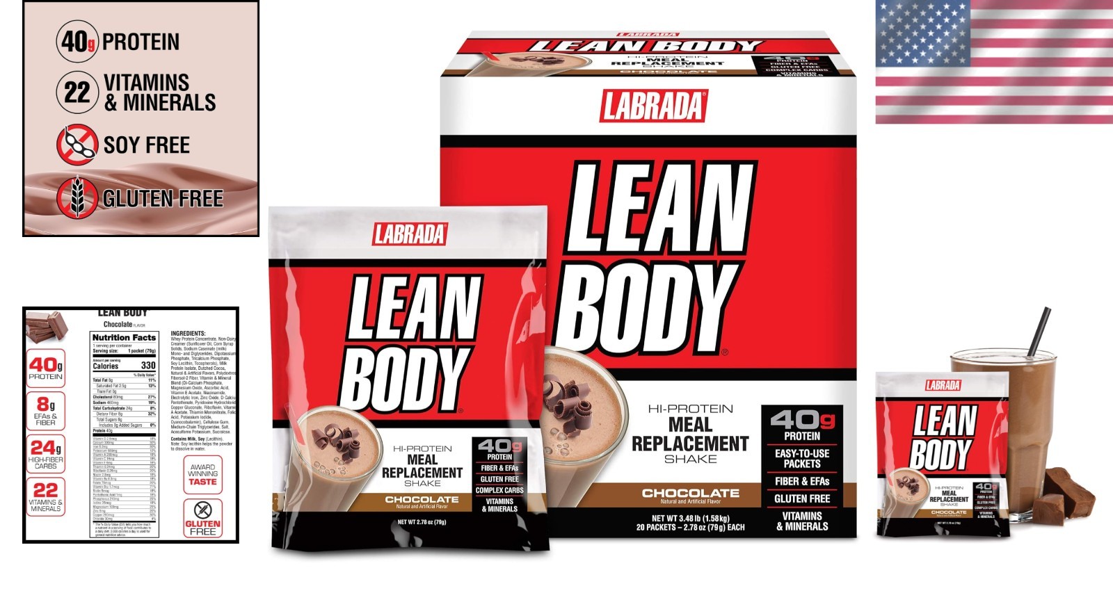 Nutrition Lean Body Chocolate Shake: 20 Packets, 40g Protein, Fast/Slow Release