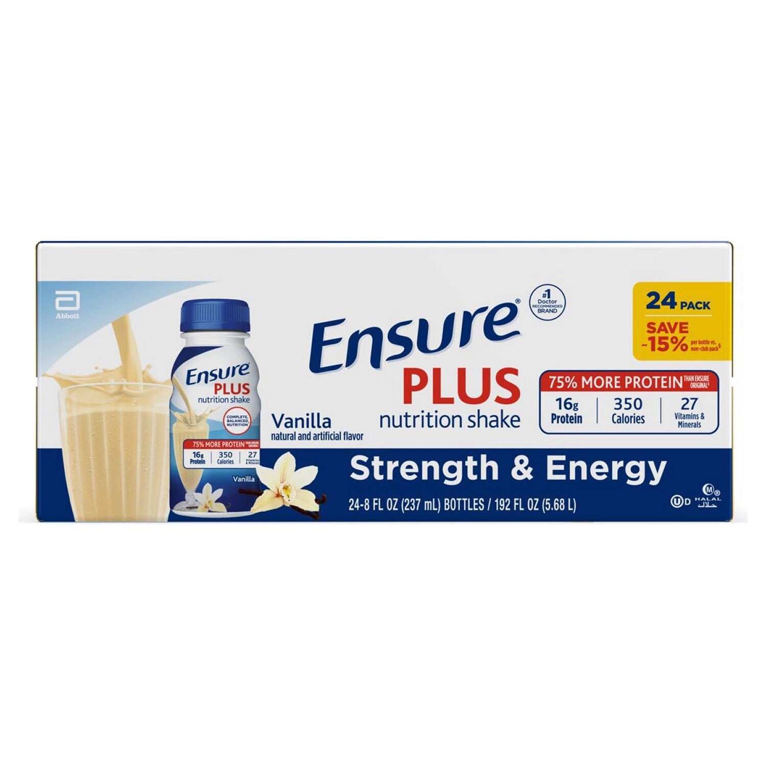 Ensure Plus Nutrition Shake, Small Meal Replacement Shake, Vanilla 8fl 24ct.