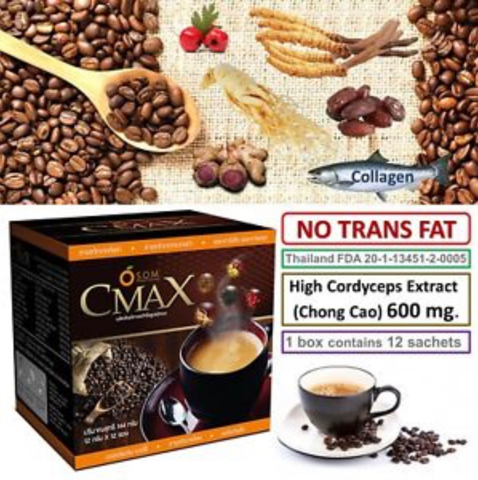 5X CMAX Premium Instant Coffee Cordyceps Ginseng Herb Diet Supplement Sugar Free