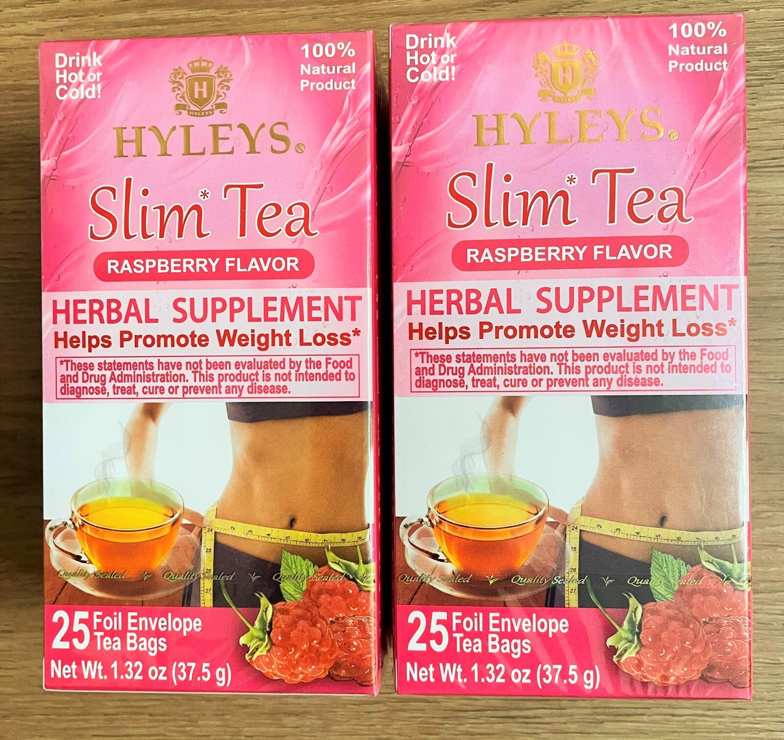NEW 2-pack Hyleys Slim Tea NO GMO Raspberry 100% Natural 25 tea bags, EXP 10/25