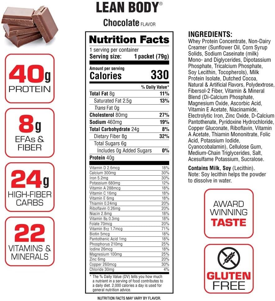 Lean Body Hi-Protein Meal Replacement Shake – Chocolate, 40g Protein, 20 Packets