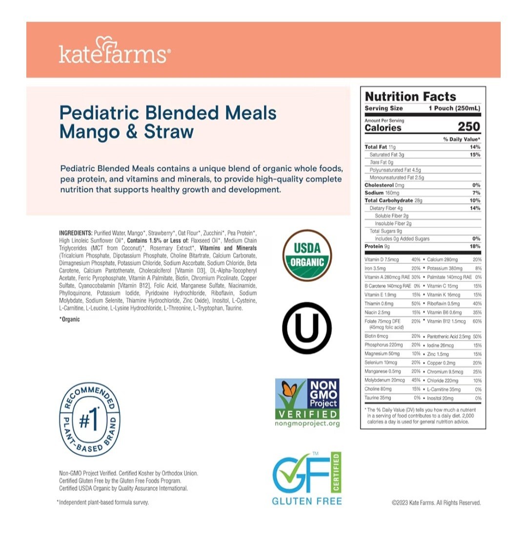 Kate Farms Organic Pediatric Meal Mango &Straw/Banana &Blue 8.45 Oz × 12 Pack