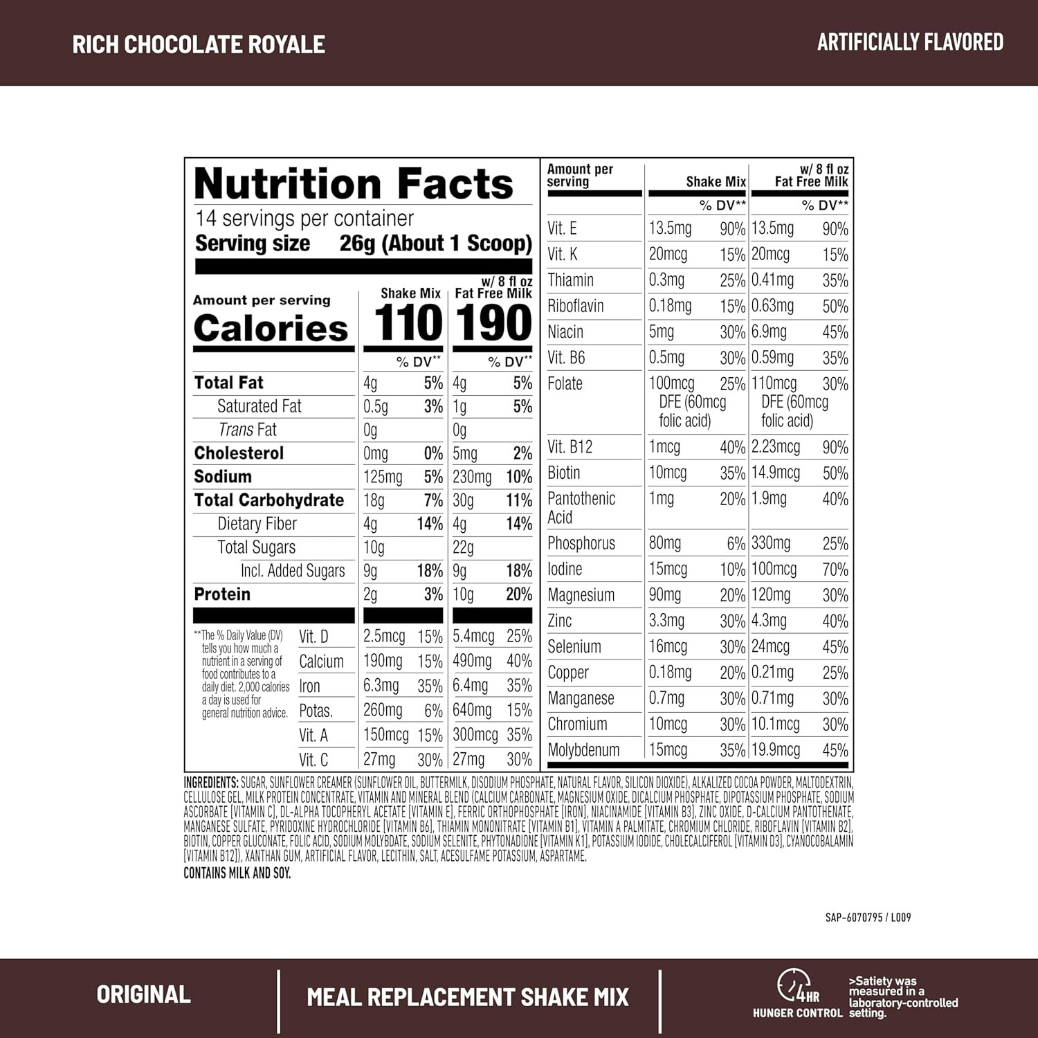Slimfast Meal Replacement Powder, Original Rich Chocolate Royale, Shake Mix, 10G
