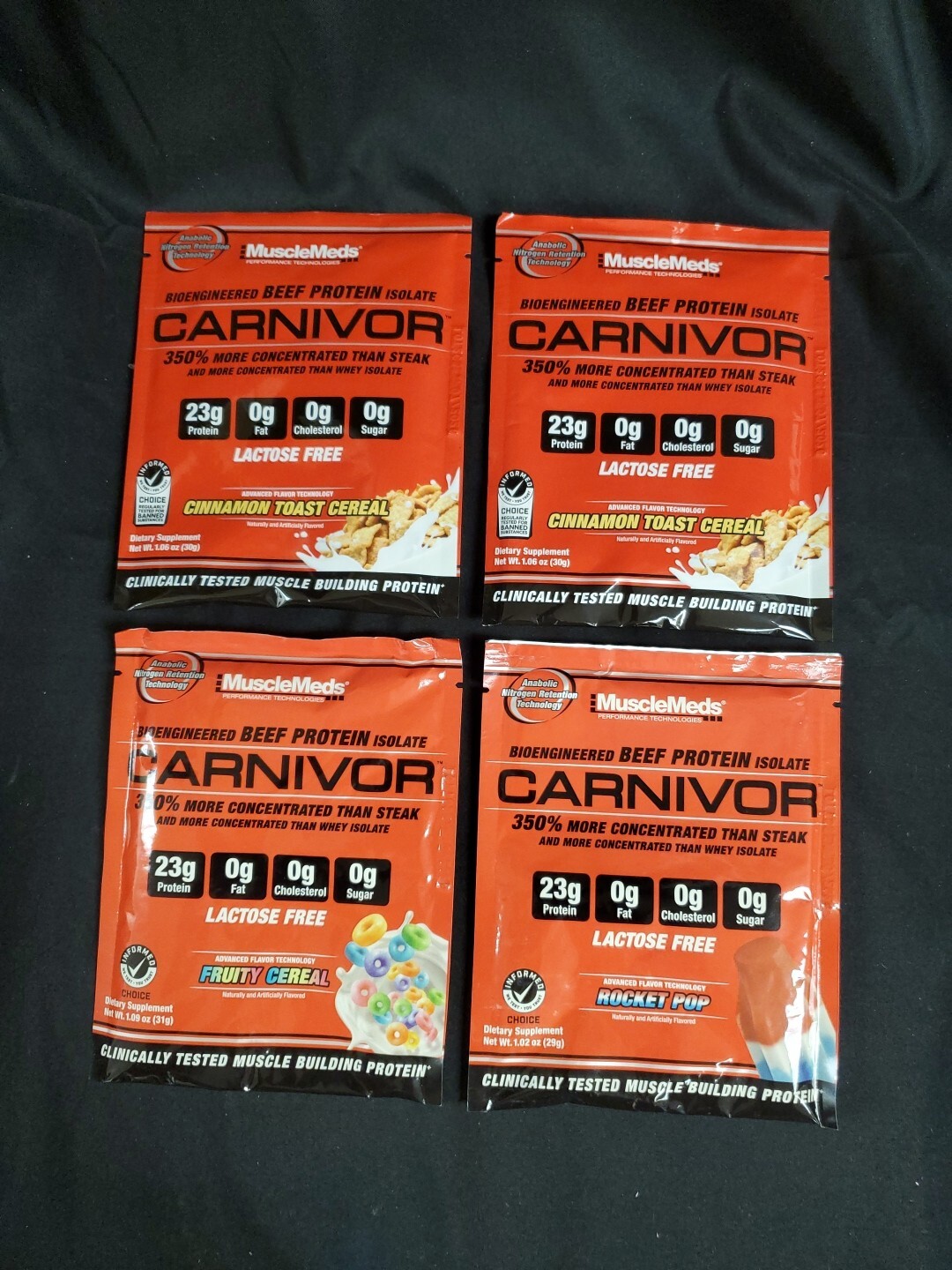 Carnivor Beef Protein Set 4 Pack 1oz Cinnamon, Fruit Cereal, Rocket Pop NEW
