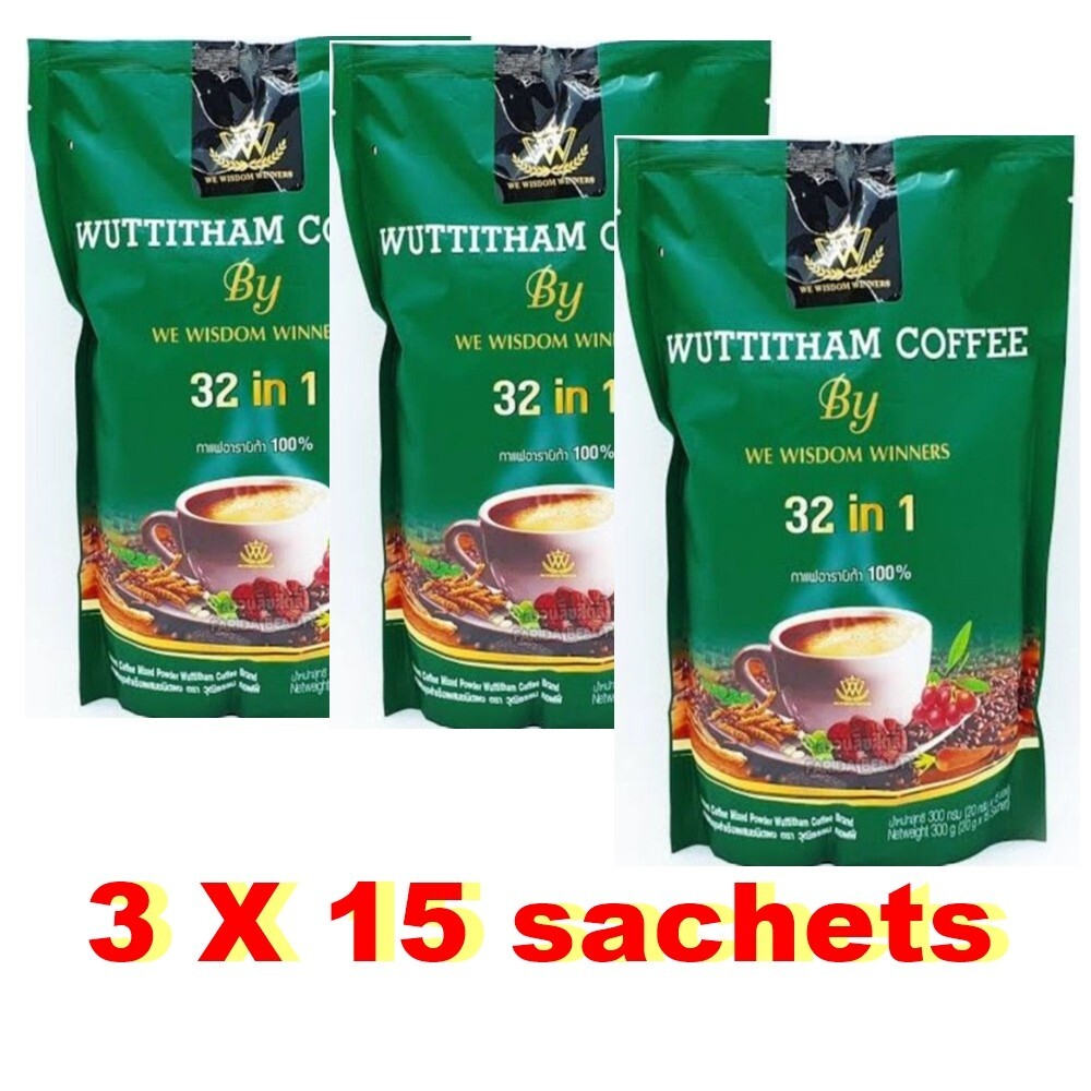 3Packs Wuttitham Coffee Instant 32 in 1 Herbs Healthy Slimming Weight Control