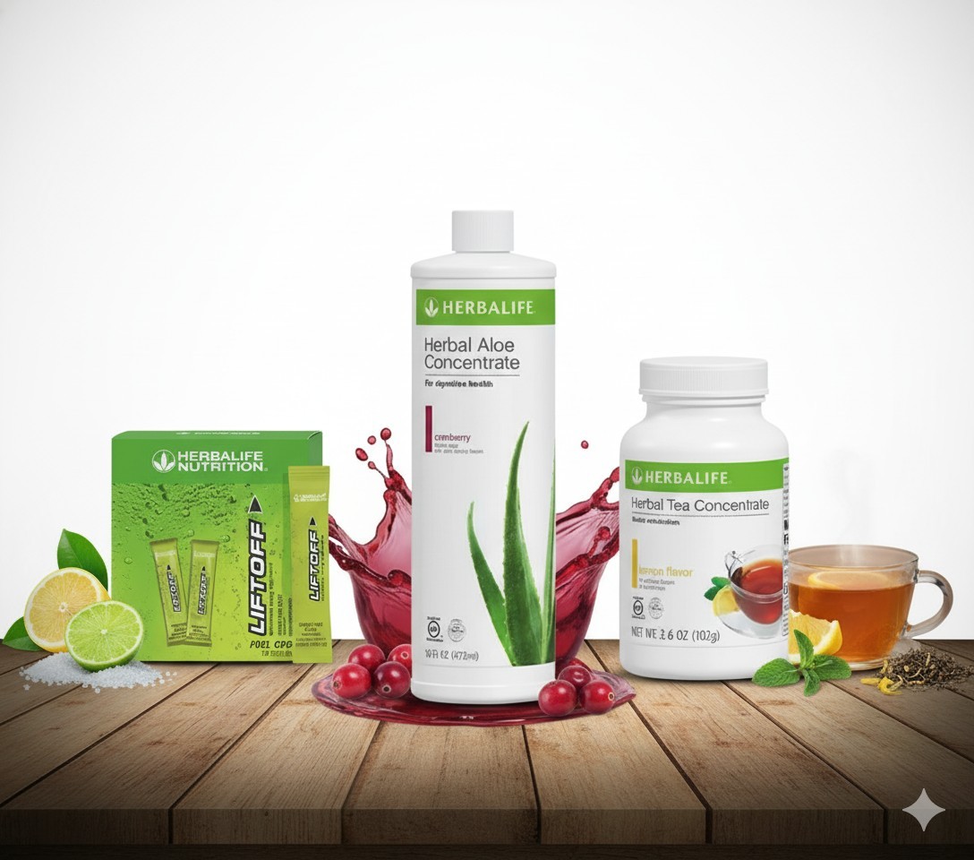 Herbalife Lemon Tea 3.6 oz+Cranberry Aloe Pint+30 Lemon Lime Liftoff Sticks Set
