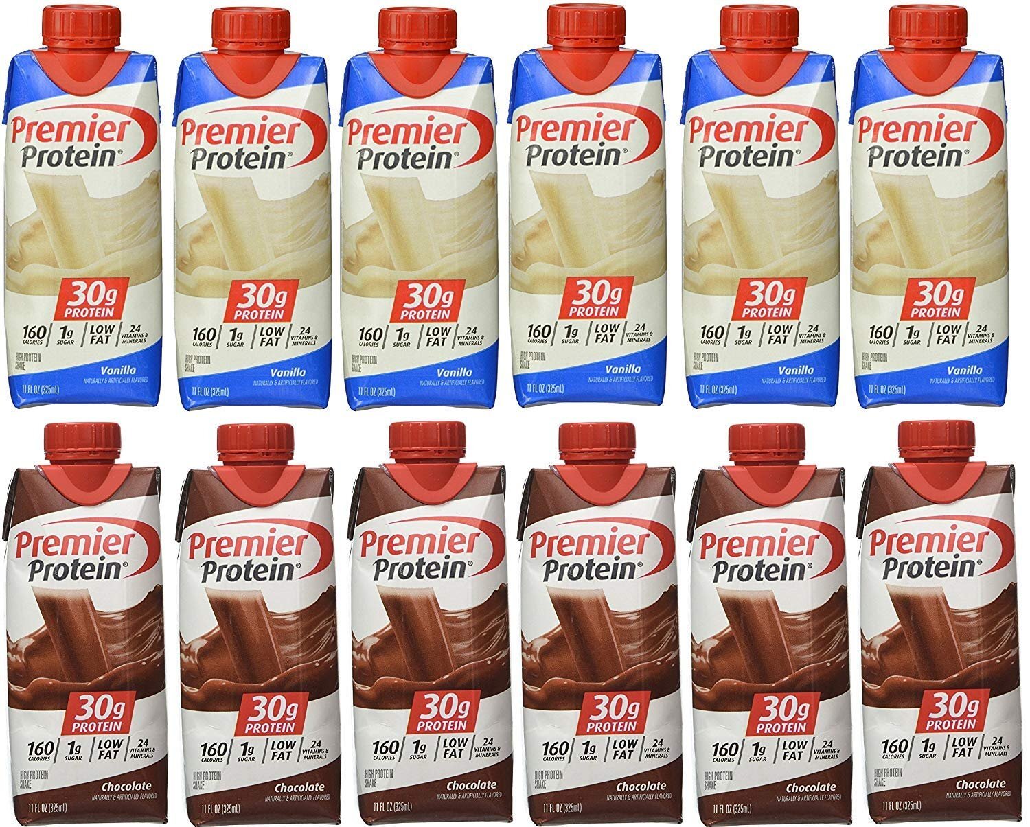 Premier Protein 6 Chocolate and 6 Vanilla Shakes 11oz (Pack of 12)