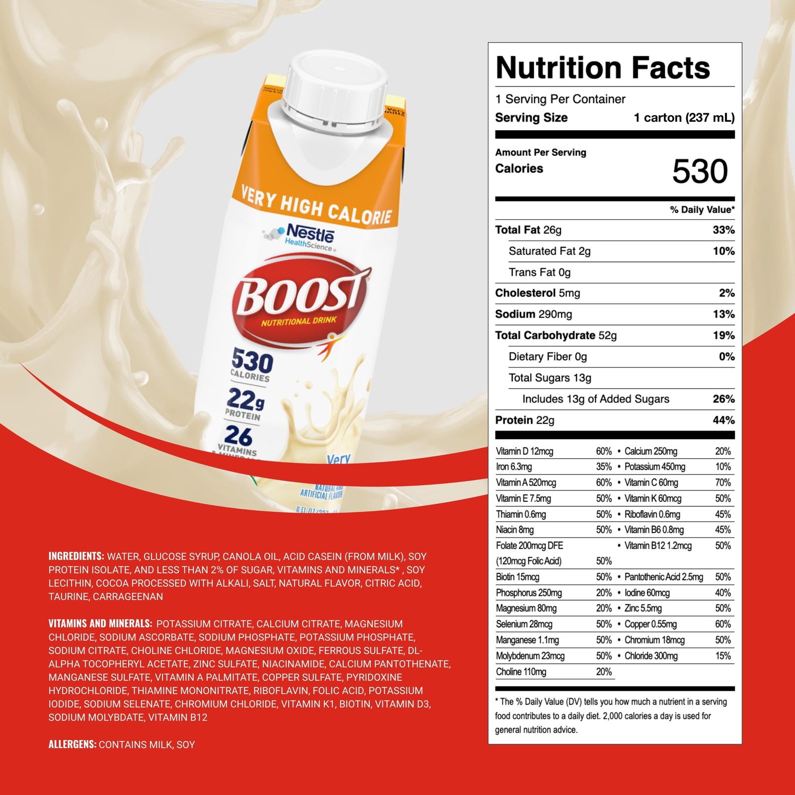 Boost Very High Calorie Vanilla Nutritional Drink – 8 Fl Oz (Pack of 24)