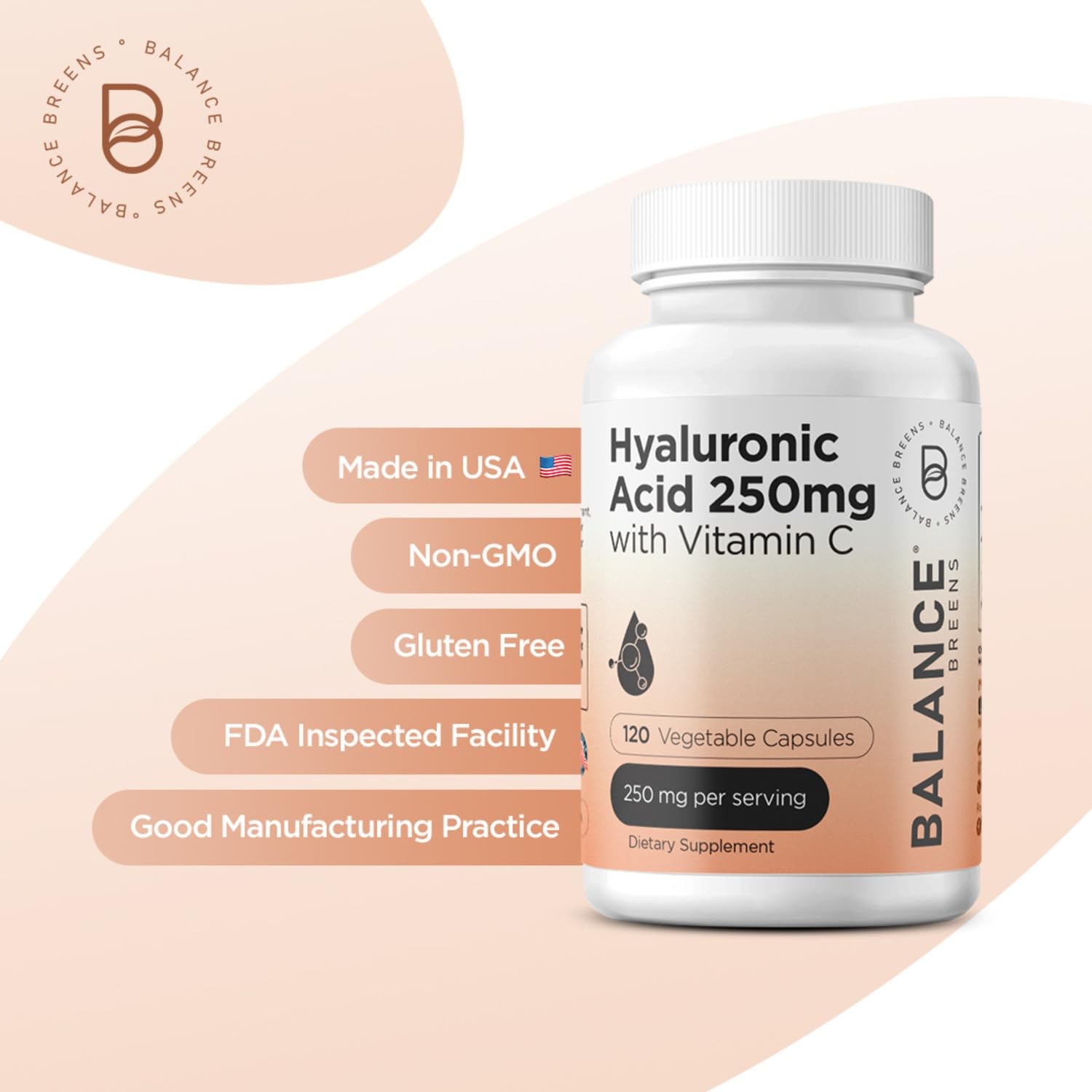 Pure Hyaluronic Acid Supplement 250mg with Vitamin C 120 Count (Pack of 1)
