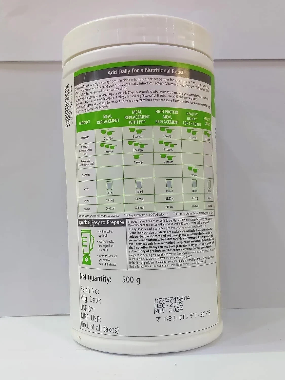 Herbalife Nutrition New ShakeMate 500 gm Plant Based Protein Gluten Free