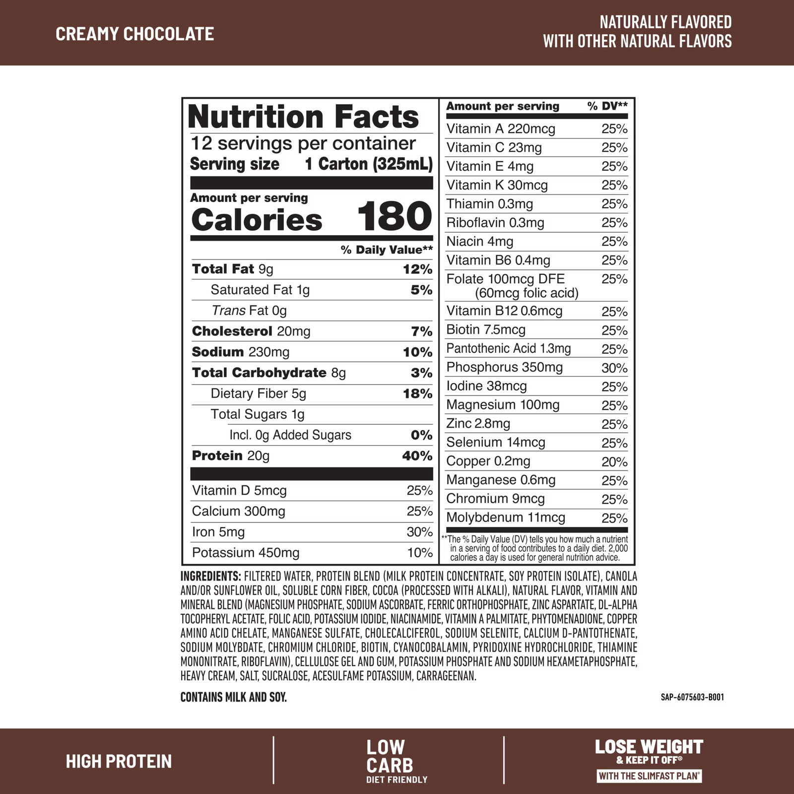 High Protein 20g Meal Replacement Shake Creamy Chocolate 11oz 12ct