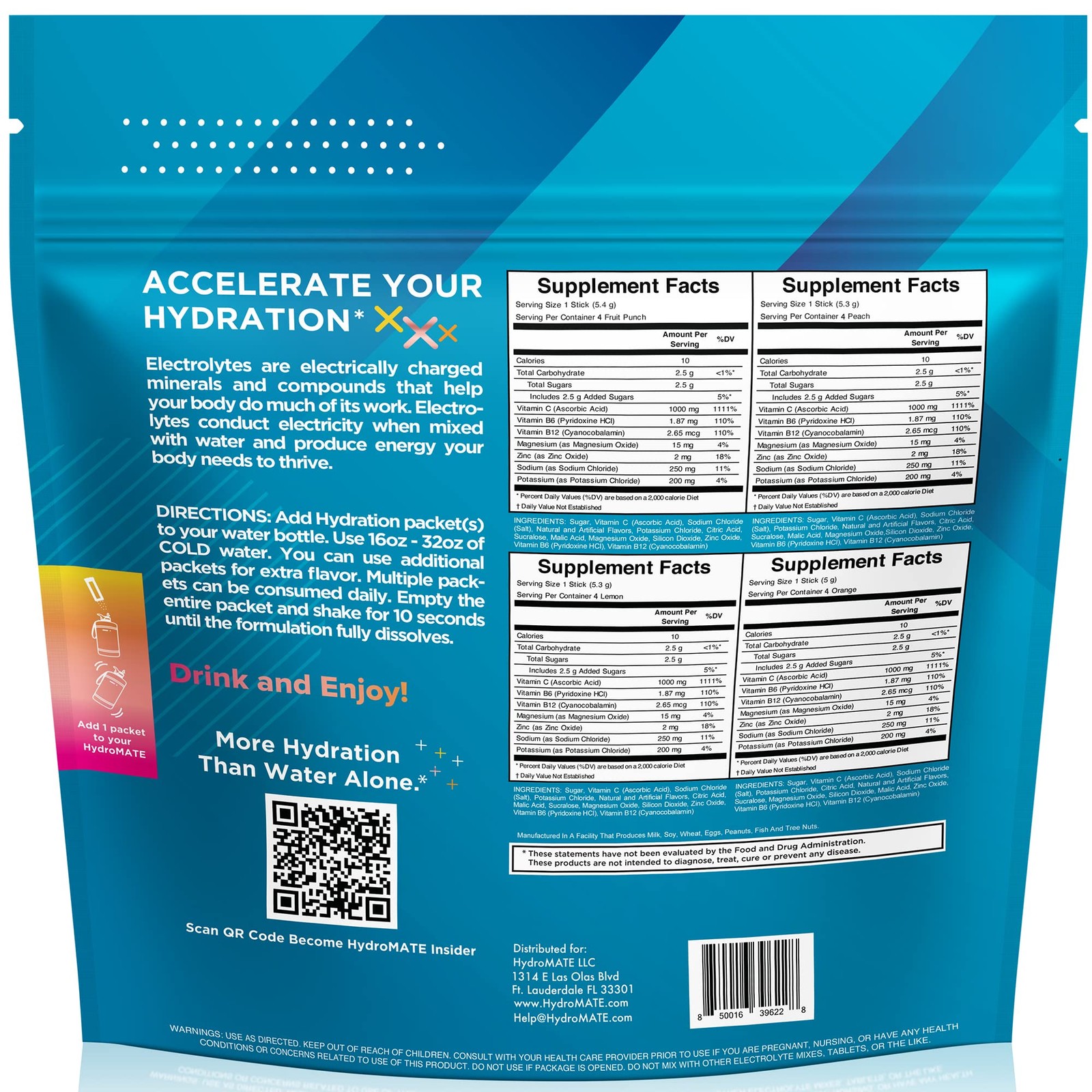 HydroMATE Electrolytes Powder Packets Low Carb 16 Count (Pack of 1), Blue