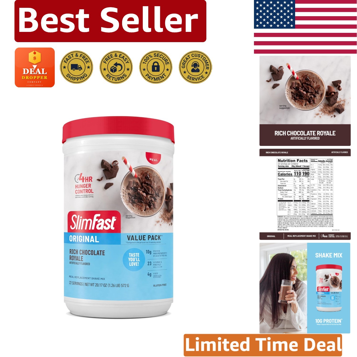 Zero Protein, High Fiber Meal Replacement Shake – Rich Chocolate Royale, 20.16oz