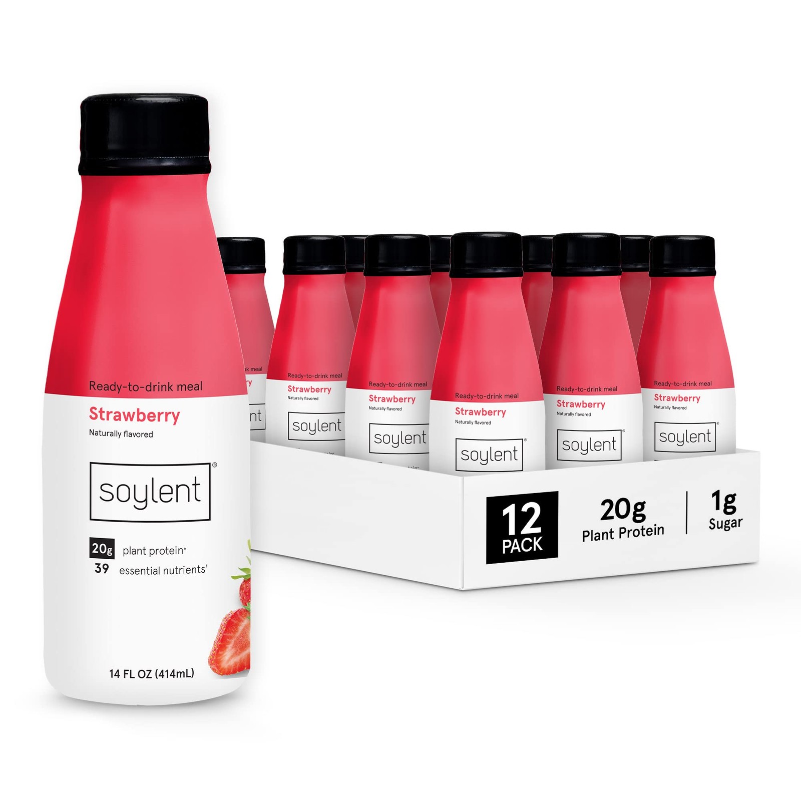 Soylent Strawberry Meal Replacement Shake, Ready-to-Drink , 14oz, 12 Pack
