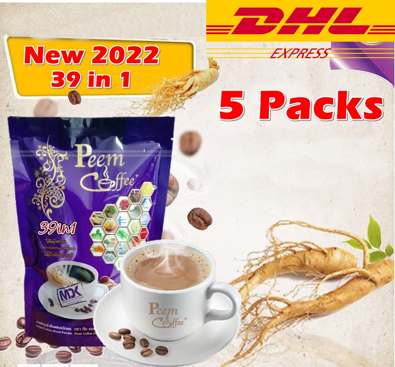 5 X New Peem Coffee Plus Herbs 39 in 1 Instant Healthy Powder Sugar Free