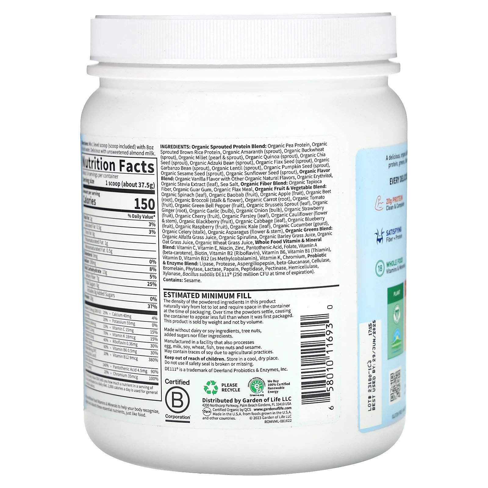 RAW Organic, Meal Replacement Shake, Vanilla, 1 lb 2.52 oz (525 g)