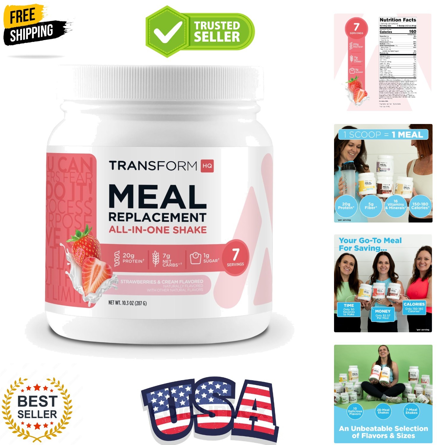 Meal Replacement Shake Powder 7 Servings Strawberry & Cream – Gluten Free, No…