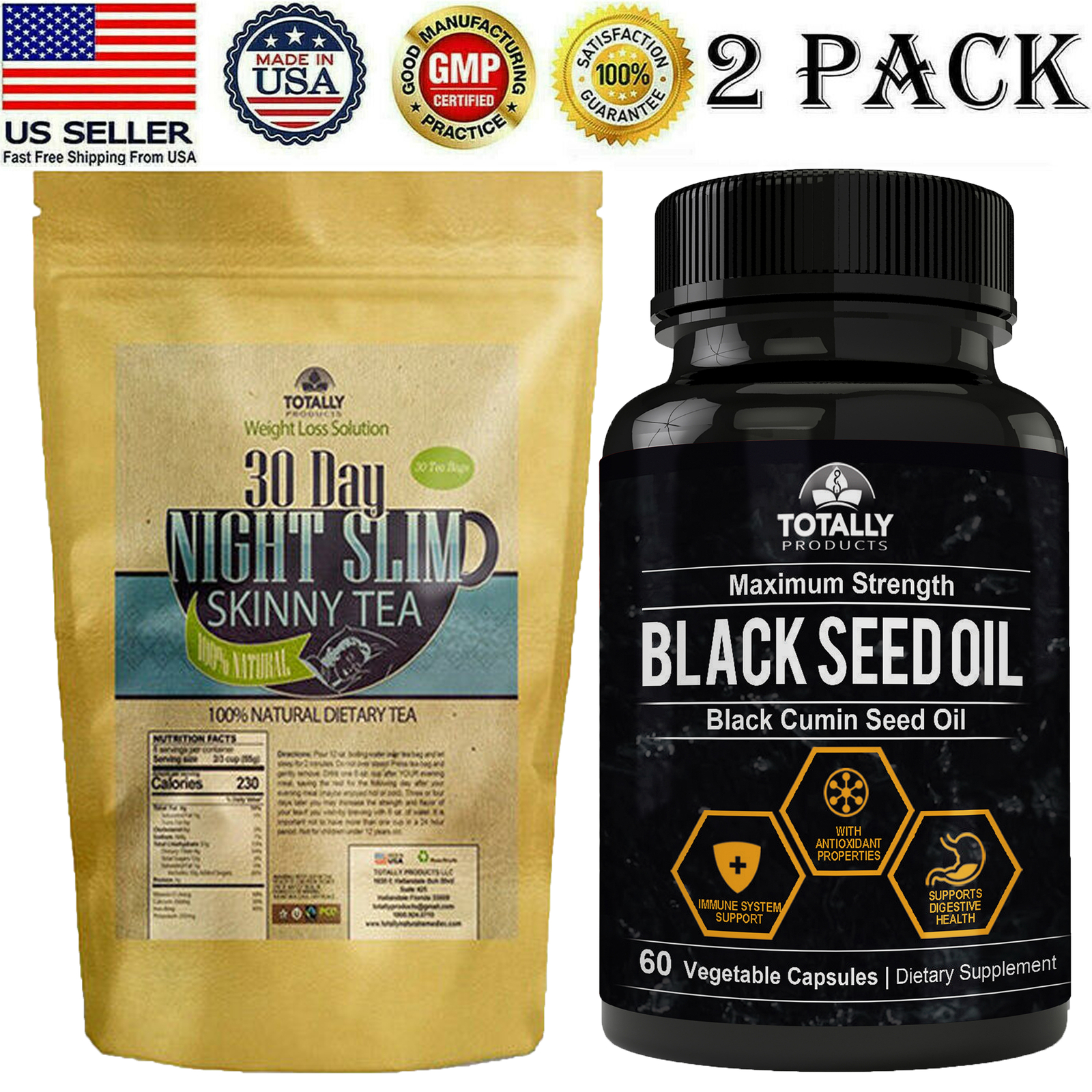 Night Slim Weight Loss Cleanse 30 Tea Bags & Black Seed Oil Caps Combo Free Ship