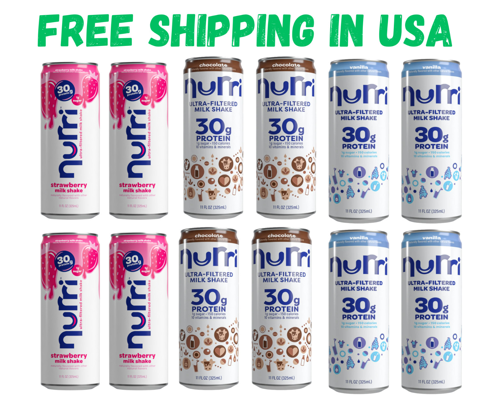 Nurri Protein Shake Variety Pack – Chocolate, Vanilla, Strawberry – 4 Count Each