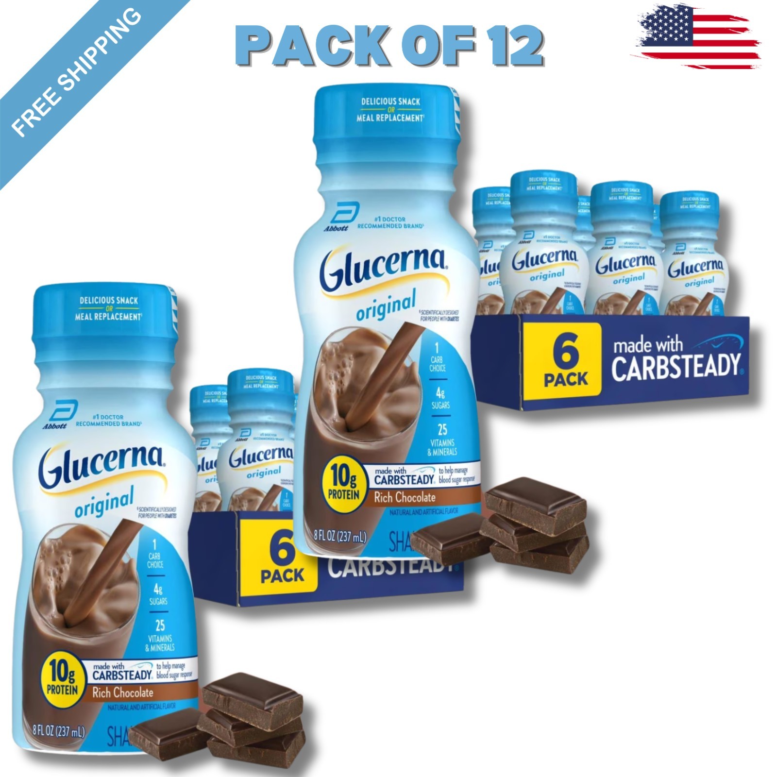 Glucerna Original Diabetic Protein Shake, Rich Chocolate, 8 fl 12 Bottles
