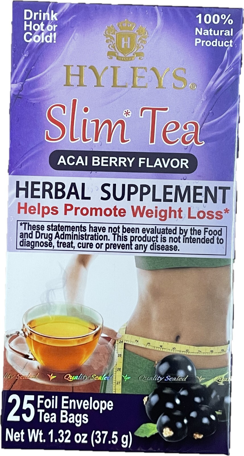 NEW 4-pack Hyleys Slim Tea NO GMO Acai Berry 100% Natural 25 tea bags