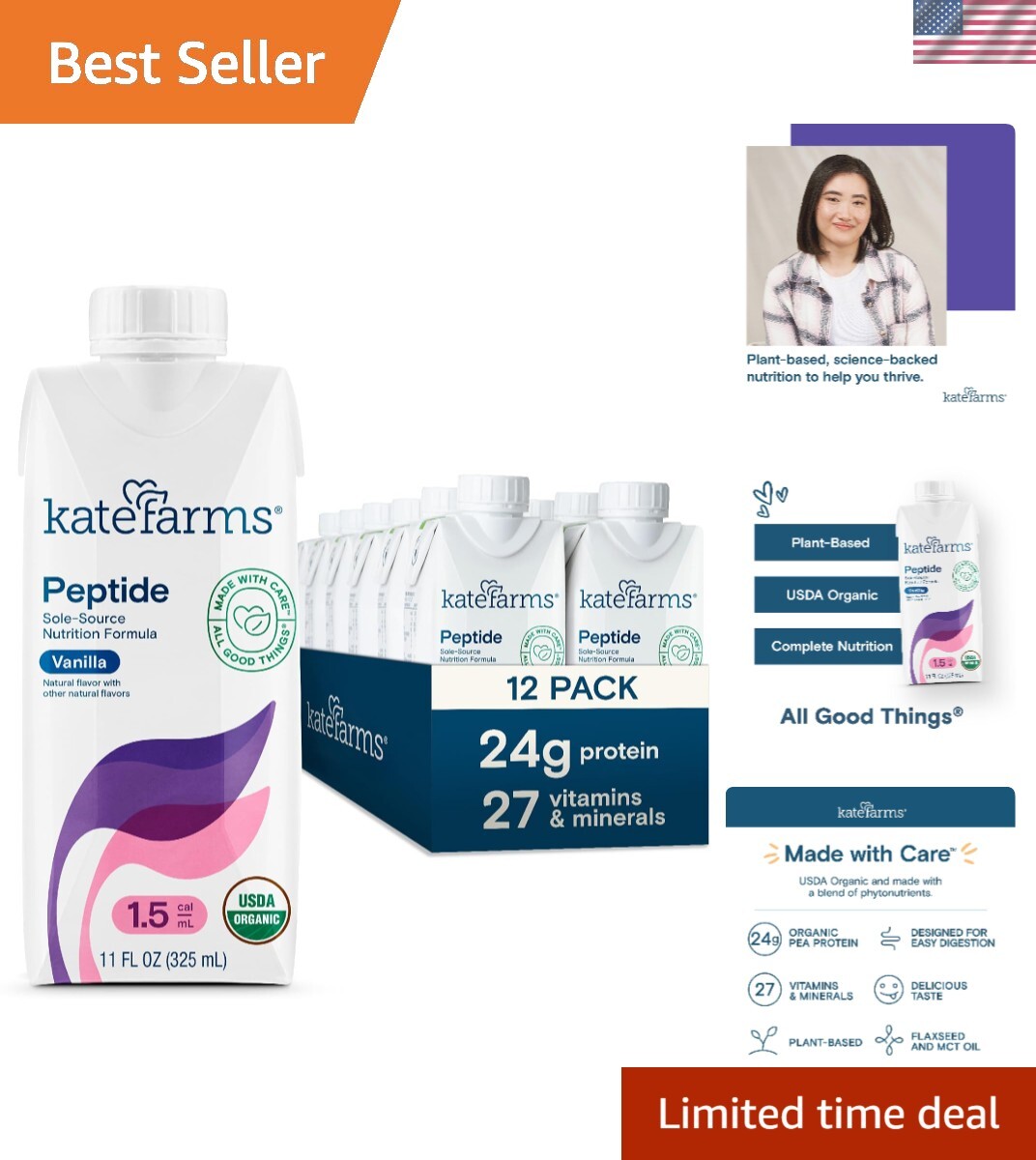 Organic Adult Peptide 1.5 Formula, Vanilla, Sole-Source, Hydrolyzed Plant-Bas…