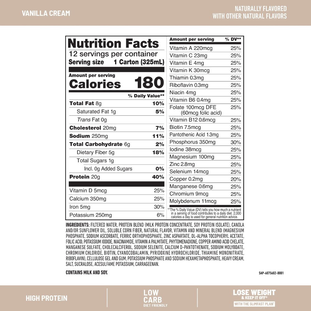High Protein 20g Ready To Drink Meal Replacement Shake Vanilla Cream 11oz 12