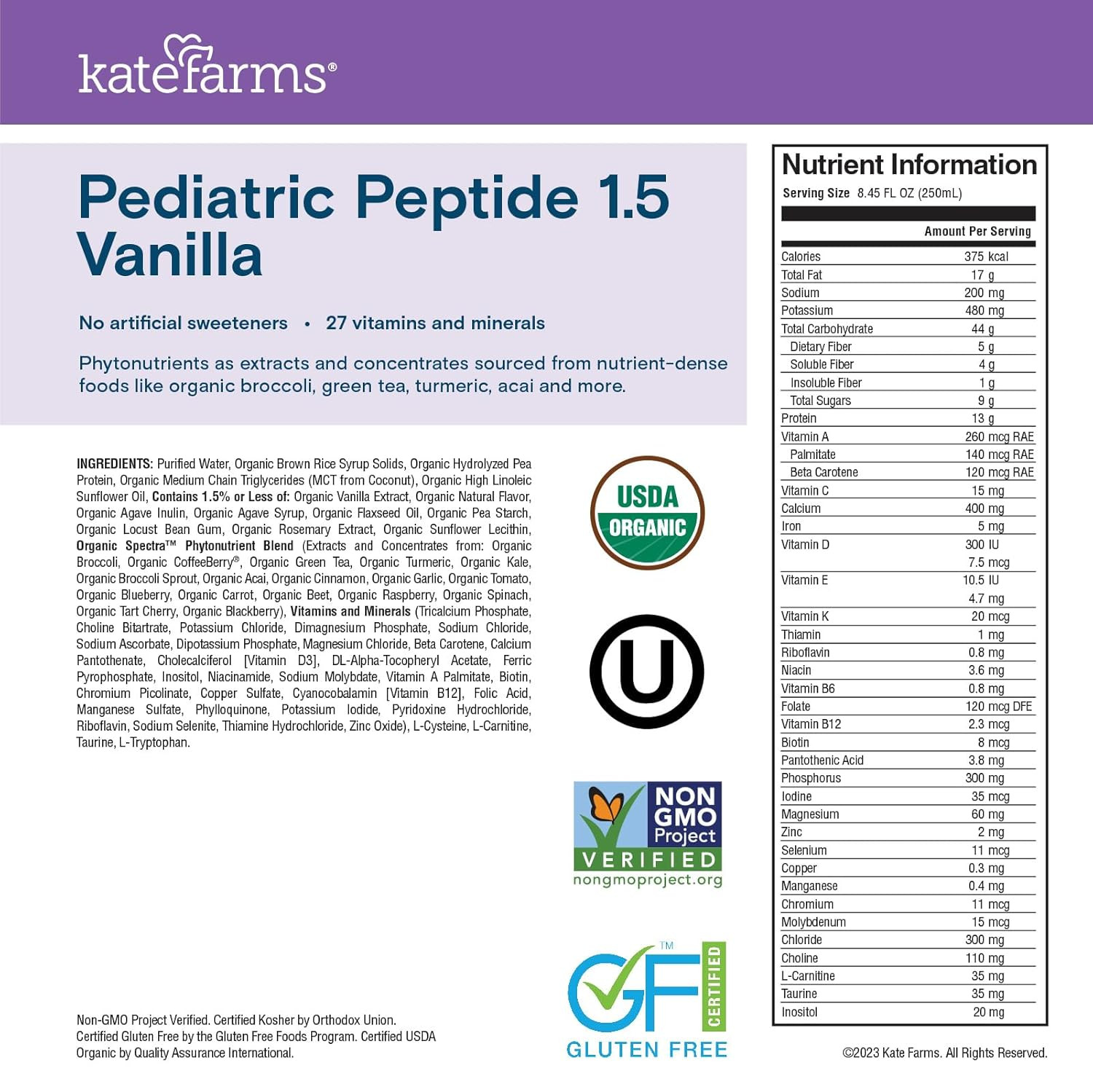Organic Pediatric Peptide 1.5 Formula, Vanilla, Sole-Source Hydrolyzed Plant-Bas
