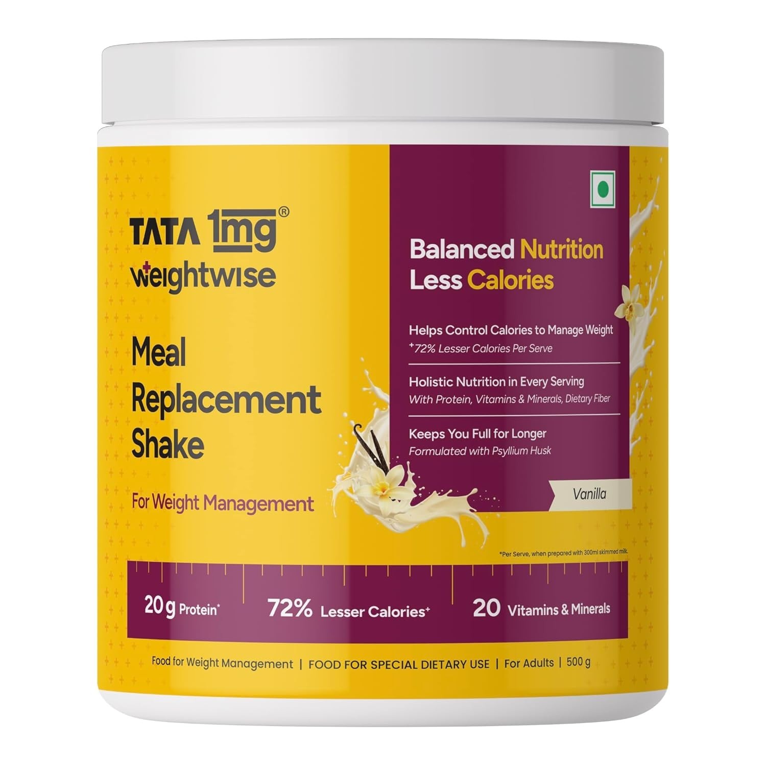 Meal Replacement Shake – Vanilla 500g With 20 Vitamins & Minerals, Psyllium Husk