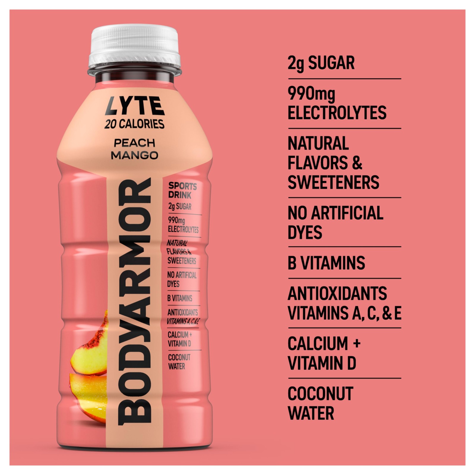 BODYARMOR LYTE, Peach Mango, 16 Ounce (Pack of 6), Lyte Mango