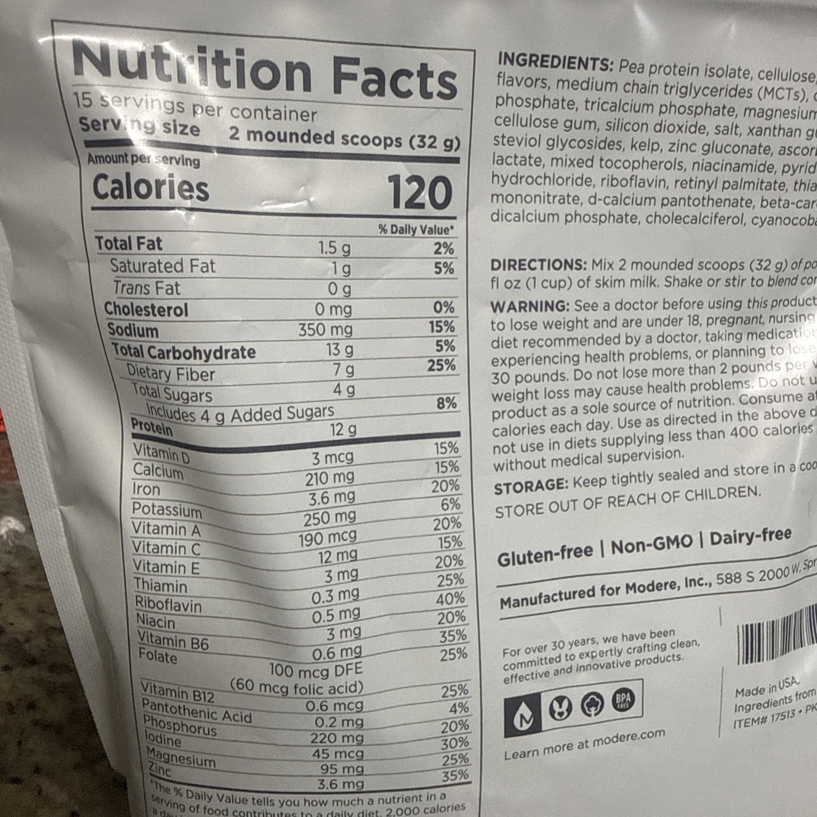 Modere Vanilla Meal Replacement Shake Vegetarian Gluten-Free Dairy-Free 2 BAGS