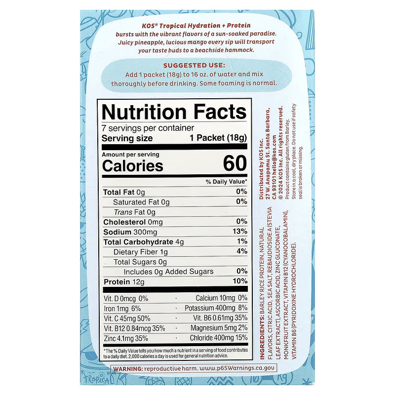 (Pack of 21) Kos Hydration Protein Tropical Plant Protein Powder Packet 0.65 Oz