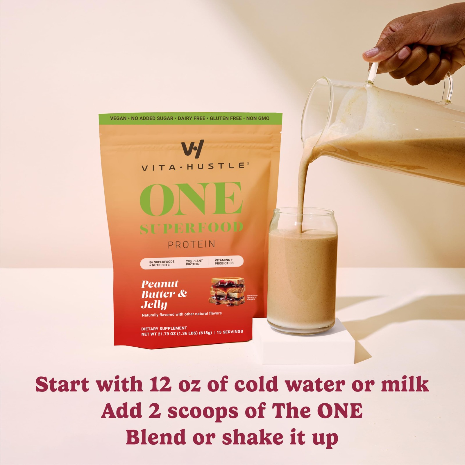 VitaHustle All-in-One Nutrition Shake, Peanut Butter Jelly – Plant Based Pro…