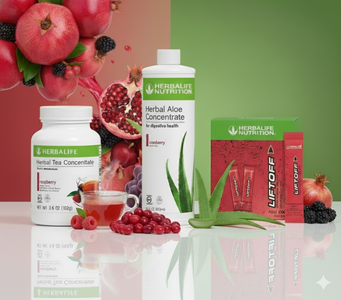 Herbalife Raspberry Tea 3.6 oz +Cranberry Aloe Pint+30 Pomegranate LiftOff Stcks