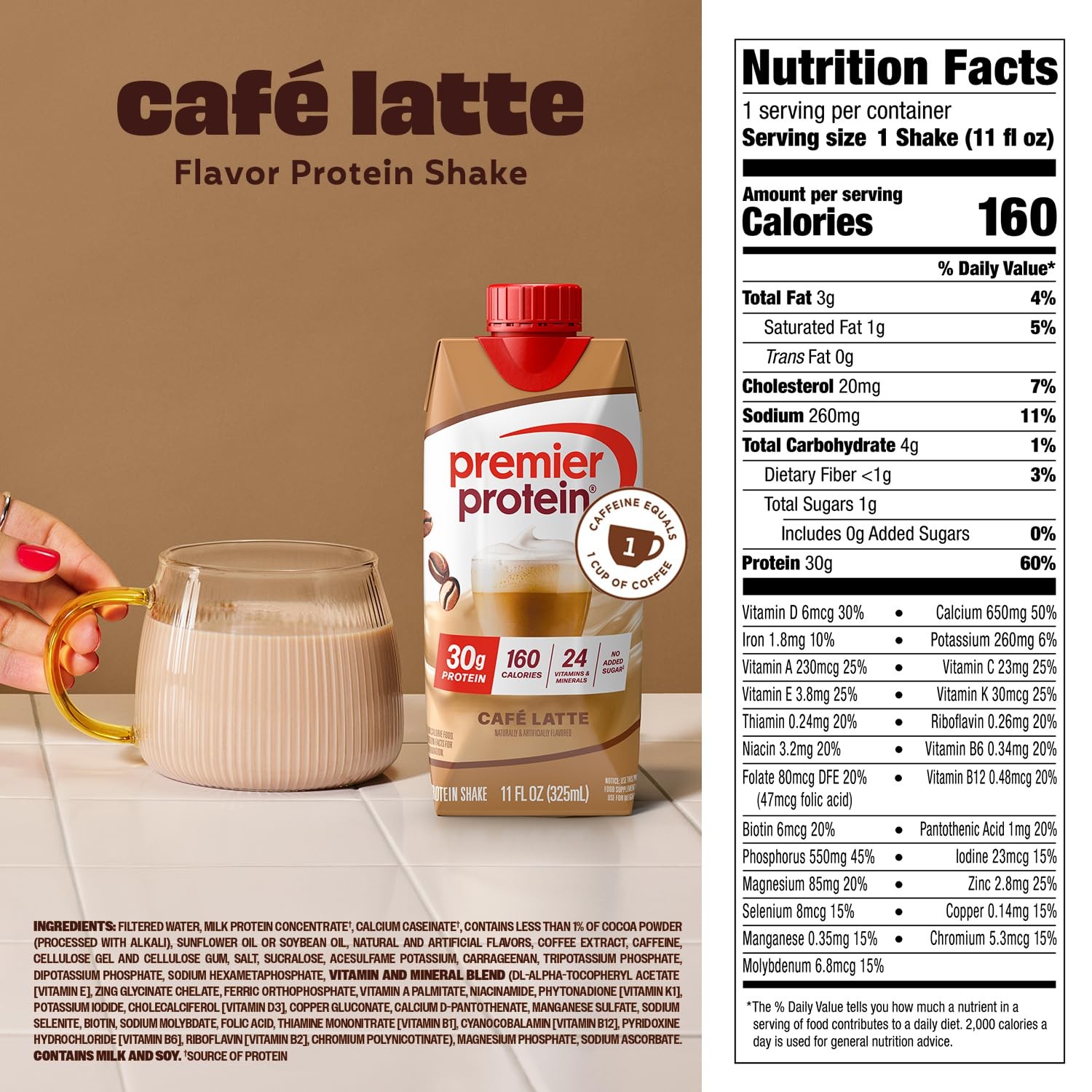 Premier Protein Shake Café Latte with Caffeine 30g Protein 11 fl oz 12 Pack FS.