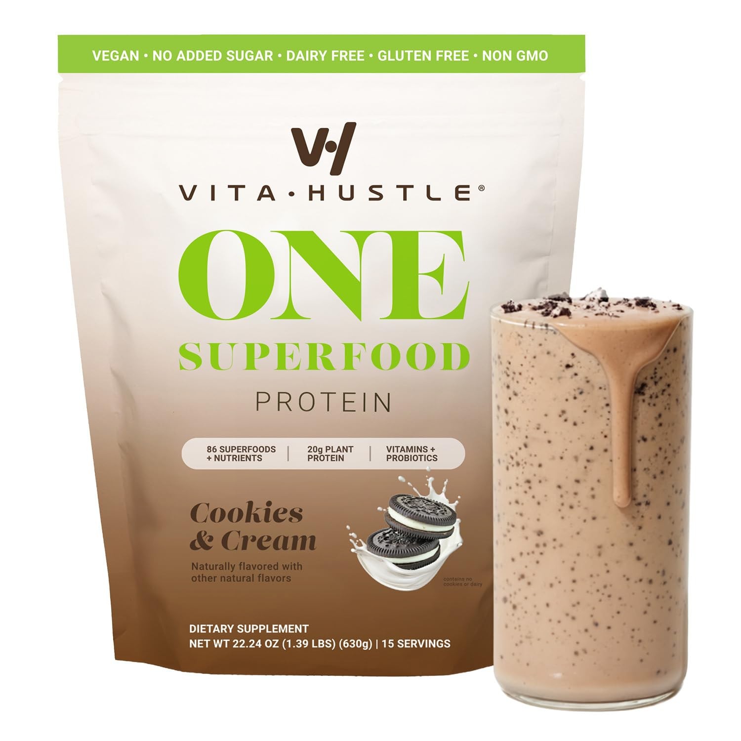 VitaHustle ONE Vegan Cookies & Cream Protein Powder 20g Plant Protein Meal R…