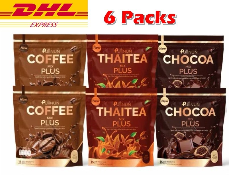 6 X PUIINUN Coffee + Chocoa + Thai Tea MIX Dietary Supplement 15 Sachets