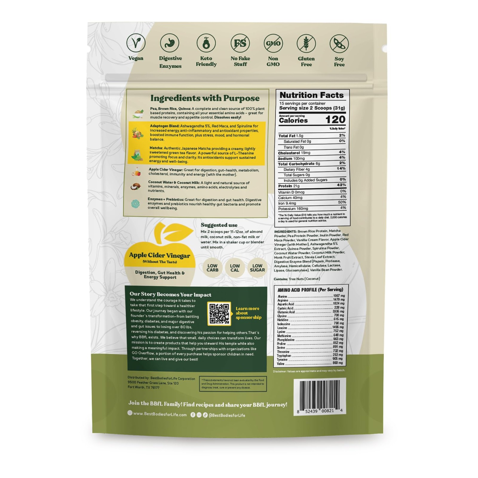 BBfL PlantBased Protein Shake – 21g Vegan Protein, Matcha + Apple Cider Vineg…