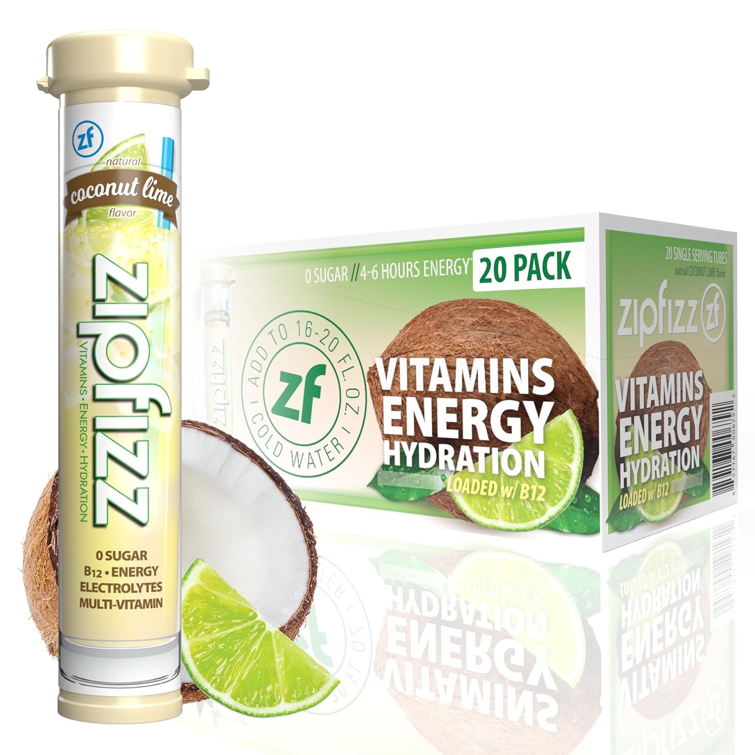 Zipfizz Daily Energy Drink Powder, Coconut Lime, 20 Pack | 3-in-1 Sustained Ener