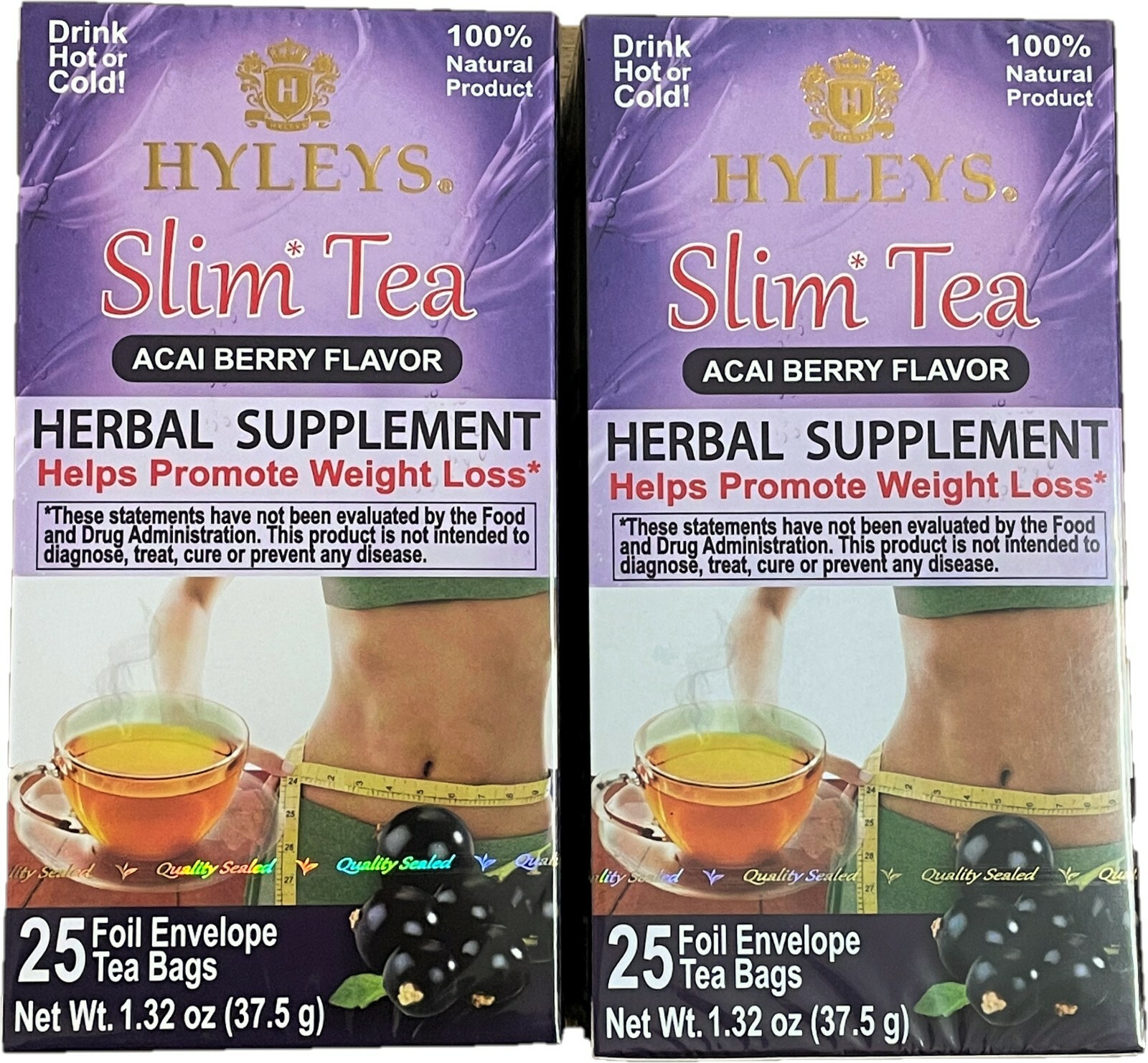 NEW 2-pack Hyleys Slim Tea NO GMO Acai Berry 100% Natural 25 tea bags