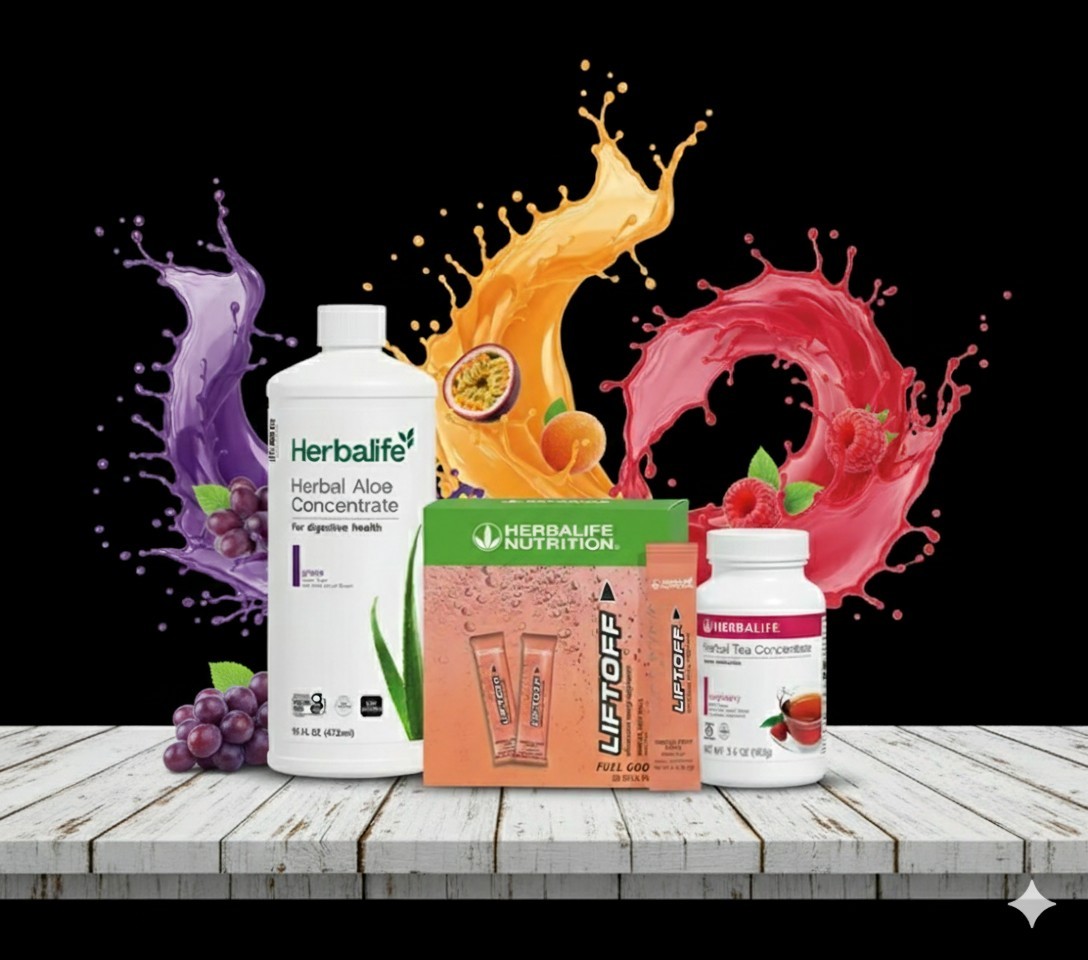 Herbalife Raspberry Tea 3.6 oz +Grape Aloe Pint+30 Tropical Force Liftoff Sticks