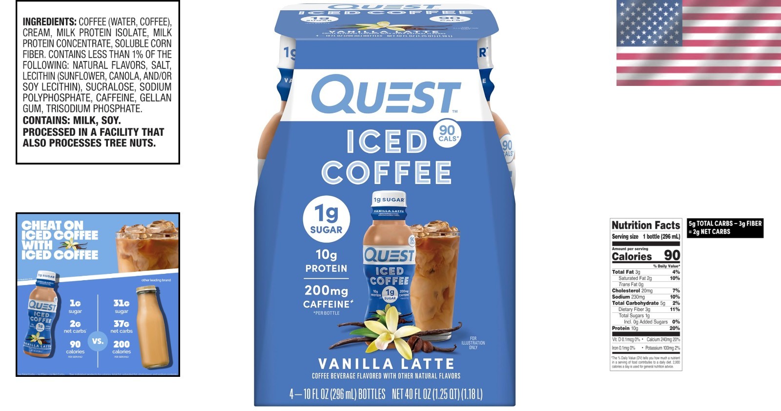 Quest Vanilla Latte Iced Coffee – 4 Pack, 1g Sugar, 10g Protein, 200mg Caffeine