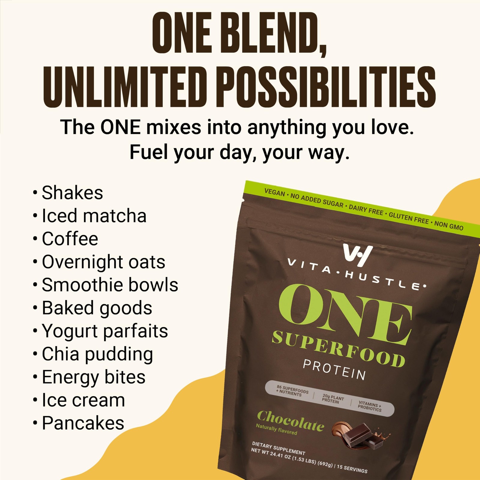 VitaHustle ONE Vegan Chocolate Protein Powder 20g Plant Protein Meal Replace…