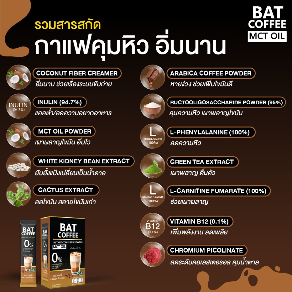 6x BAT COFFEE MCT OIL coffee beautiful figure weight loss low calorie no sugar.
