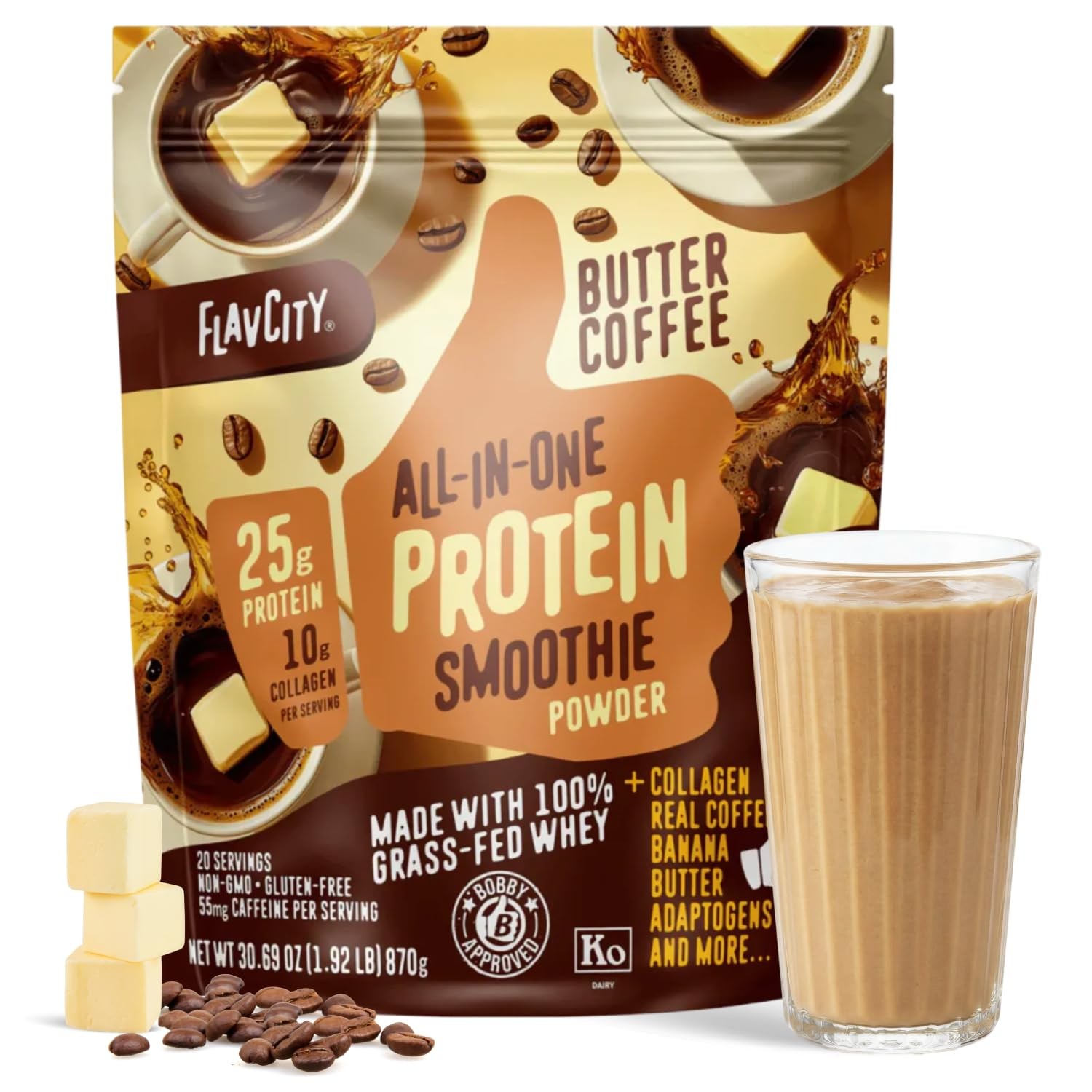 All in One Protein Shake Powder, Butter Coffee 55mg Caffeine + Collagen Pept…