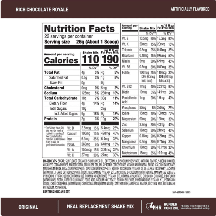 4 Pack Original Meal Replacement Shake Mix, Rich Chocolate Royale, 22 Serv Pk
