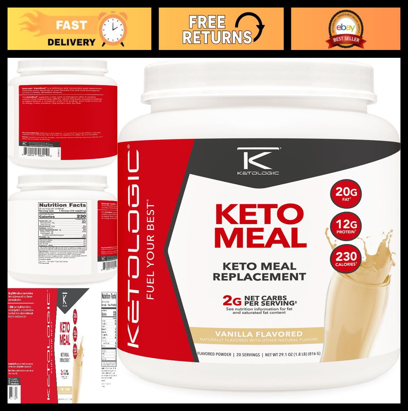Keto Meal Replacement Shake Powder with MCT Oil & Grass-Fed Whey – 20 Servings V